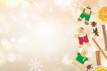 Festive gingerbread cookies with holiday spices and dried oranges on snowy beige background. Perfect for Christmas, seasonal branding, and cozy winter-themed visuals.