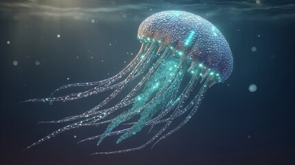 Glowing Jellyfish Floating in Dark Deep Ocean Water with Soft Blue and Green Light Emitting from Its Body, Marine Life and Natural Wonders of Underwater Ecosystems