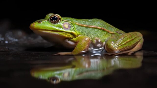 Vibrant green frog sitting in water with a clear reflection, close-up of amphibian wildlife in its natural habitat.