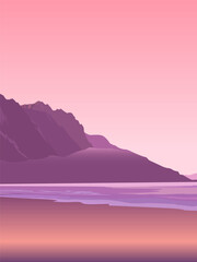 A beautiful landscape with a seashore against a backdrop of mountains and a sky in tropical pink hues. A vector illustration for your designs inspired by the beauty and harmony of nature.