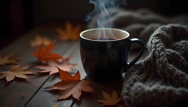 cup of tea with autumn leaves