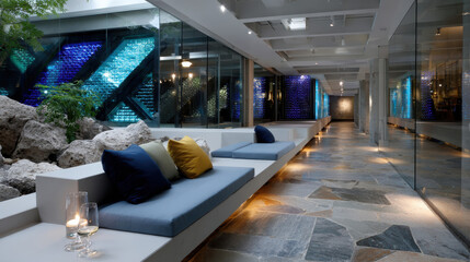 An artistic lounge space with unique seating and colorful accent lighting, creating a visually engaging environment suitable for social gatherings and relaxation.