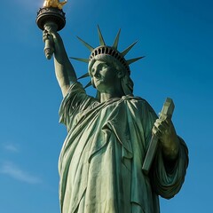 Fototapeta premium Statue of Liberty standing tall under bright blue sky with sunlight.