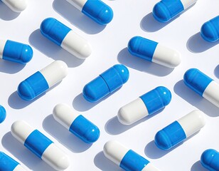Blue & white capsules laid out on a white surface