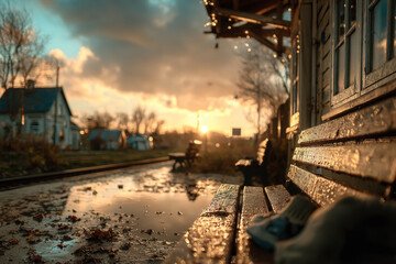 Scenic view of a wooden bench beside a tranquil railway track, reflecting golden sunlight and surrounded by autumn leaves, creating a serene atmosphere with copy space