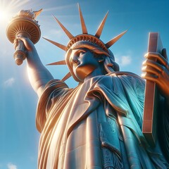 Obraz premium Statue of Liberty standing tall under bright blue sky with sunlight.