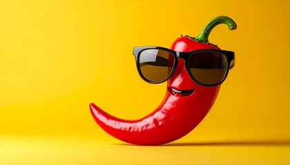 Playful red chili pepper with a smile and sunglasses on bright yellow background, fun food concept.