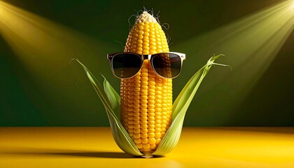 Funny corn cob with sunglasses under bright spotlight, humorous food concept with playful character style.