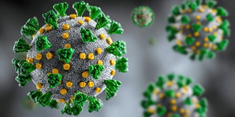 Microscopic illustration of several spherical viral particles with green and yellow protrusions