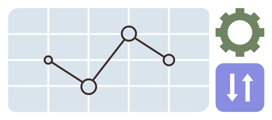 Trend line over grid symbolizing data analysis and evaluation, cogwheel for settings, arrows for optimization. Ideal for data analysis, business strategy, statistics, planning, technology, process