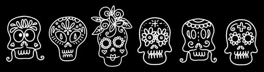 Collection of vector linear illustrations of decorated skulls of different types on black background for Halloween celebration concept designs