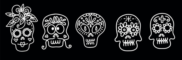 Collection of vector linear illustrations of decorated skulls of different types on black background for Halloween celebration concept designs