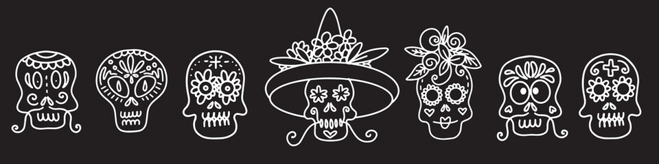 Collection of vector linear illustrations of decorated skulls of different types on black background for Halloween celebration concept designs