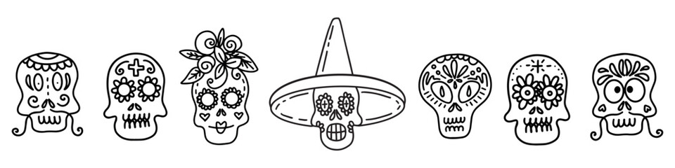 Collection of vector linear illustrations of decorated skulls of different types on white background for Halloween celebration concept designs