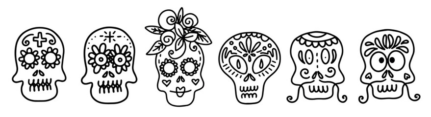 Collection of vector linear illustrations of decorated skulls of different types on white background for Halloween celebration concept designs