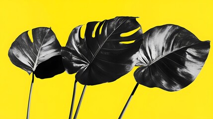 Minimalist Monstera leaves black and white with bright yellow background tropical plant design