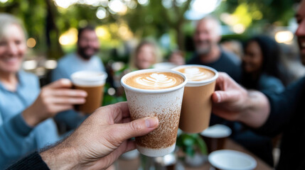 A joyful social gathering of friends toasting coffee cups, capturing warmth, happiness, and the spirit of friendship amidst a lively outdoor setting filled with greenery.