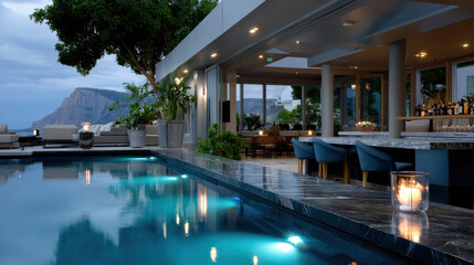Fototapeta premium A stunning luxurious poolside view that showcases modern architecture and a breathtaking ocean view, highlighting relaxation and a lavish lifestyle at sunset.