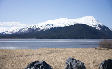 lake in snow capped mountains