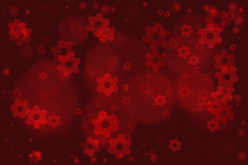 Abstract dark red background with floating gear shapes and blurred circles creating a dynamic and technological pattern.