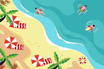 Aerial view of people swimming and relaxing on a beach