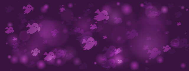 Spooky purple Halloween background with flying cartoon ghosts and abstract bokeh lights, perfect for festive designs and seasonal celebrations.