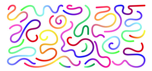 Abstract gradient line shapes set in bright rainbow colors. Curved strokes with neon style on white background. Modern vector design elements for poster, banner, web or graphic decoration