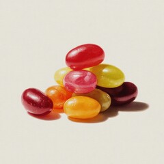 Vibrant Glossy Jelly Beans Stacked on a Clean Background, Sweet Candy Still Life.