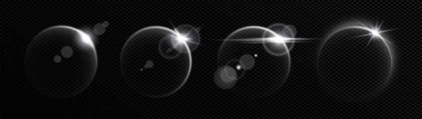 Neon solar moon eclipse effect with glowing light flares, creating a shining ring around a round moon-like sphere. The circular halo radiates with vibrant shine, cosmic atmosphere in space, vector.