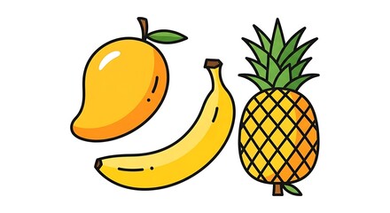 Vibrant tropical fruit trio - mango, banana, and pineapple illustration.