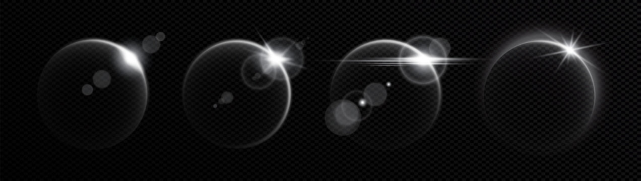 Neon solar moon eclipse effect with glowing light flares, creating a shining ring around a round moon-like sphere. The circular halo radiates with vibrant shine, cosmic atmosphere in space, vector.