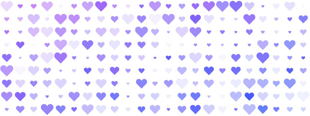 Abstract background with a seamless pattern of purple and lavender hearts in varying sizes, creating a gentle and romantic design.