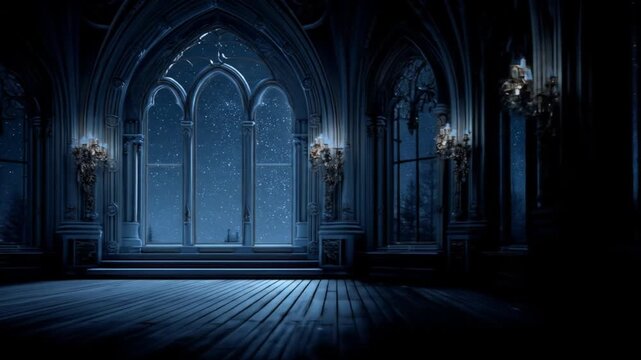 Dark gothic hall interior with arched windows overlooking a magical snowy winter landscape at night. Elegant medieval castle architecture.