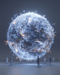 Enigmatic Orb - Silhouetted Figures Gaze at a Glowing, Intricate Sphere.