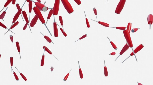 3D Rain of red rubber handle Slotted screwdrivers and Phillips screwdrivers falling 4k animation on a white background, hand tool for DIY projects, home repair, construction, and mechanical work