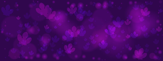 Abstract purple background with floating leaves and soft bokeh lights, creating a dreamy and elegant decorative pattern.