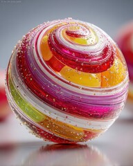 Glistening Rainbow Sphere of Swirled Hard Candy with Sugar Crystals.