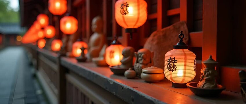 Immersive Obon tradition portrayal with close?up of decorative lantern motifs and ritual objects arranged for ancestor veneration on silent temple grounds in  Photo Stock  Concept  and empty space on 