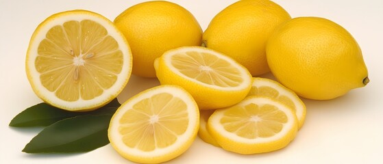 Fototapeta premium Juicy Lemons Slices and Whole Fruits with Green Leaves
