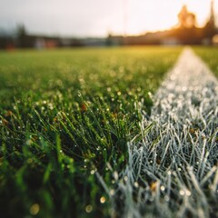 Dew-Kissed Grass Meets Crisp White Line on a Sun-Drenched Sports Field.