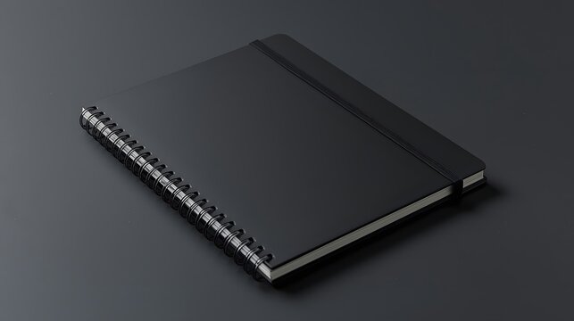 Minimalist black spiral notebook on dark surface with clean modern aesthetic, featuring sleek cover design ideal for branding, mockups, and professional presentations