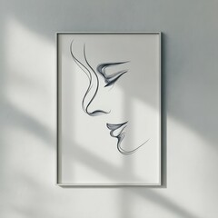 Minimalist Line Art Portrait - Serene Female Face, Shadow Play, Framed Artwork.