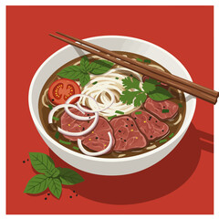 Flat Design Vietnamese Pho Bowl, Vector Illustration with Beef, Noodles, Herbs, Warm Red Background