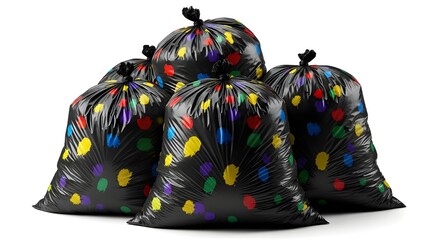Pile of black trash bags filled with colorful confetti and streamers for a party cleanup