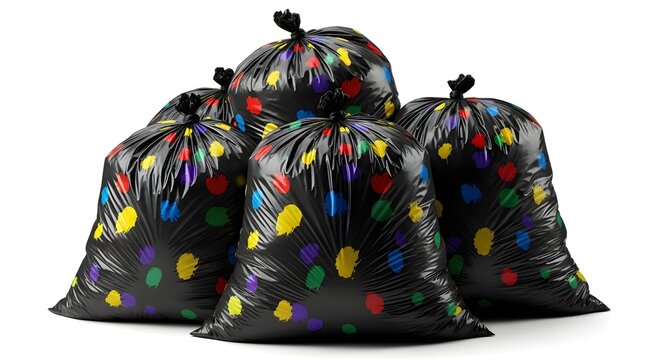 Pile of black trash bags filled with colorful confetti and streamers for a party cleanup