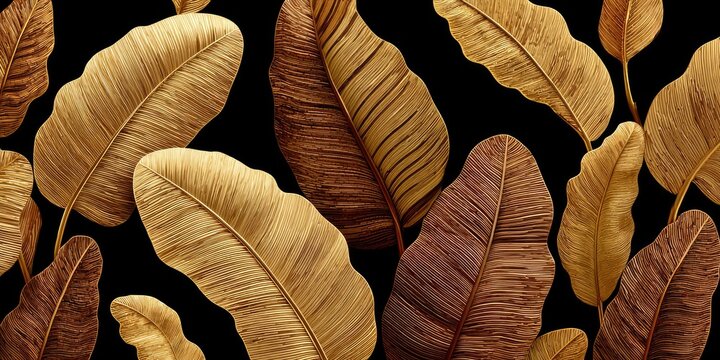 Abstract of large, textured brown and gold leaves on black background, creating a pattern