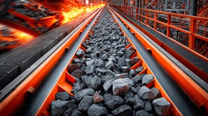 Loading stones and sand onto the conveyor belt of the sorting plant. Machine for crushing stone. Conveyor belt of heavy machinery loads stones and gravel. Industrial background