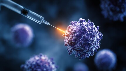 Macro image of a needle being pricked at a cancer cell. Research of cancer diseases, viruses in infected organism , viral disease epidemic, vaccine background.