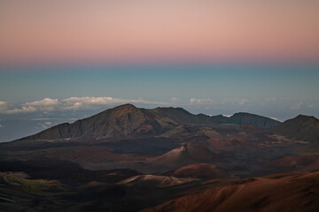 The Belt of Venus – also called Venus's Girdle, the antitwilight arch, or antitwilight. Sunset at Haleakalā National Park. Maui, Hawaii. Haleakalā / East Maui Volcano, is a shield volcano.