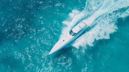Luxury yacht on the water aerial view. White yacht fast movement on the water top view. Travel - image. Top view of a white high-speed boat. Yacht movement on blue water top view.